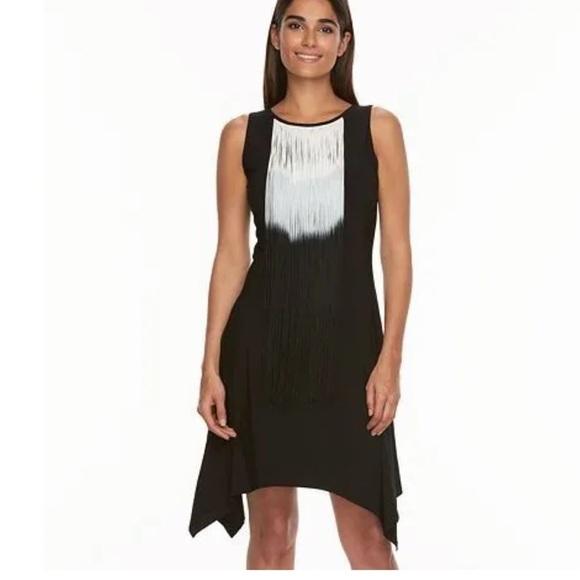 RSVP Fringe Neck Asymmetric Dress Size 6 Black White Shift - Picture 2 of 6